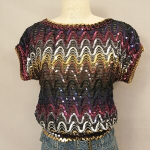 Vintage Sequin Top Made n USA Colorful Stretch Party Dance Sparkley Fun on Sheer